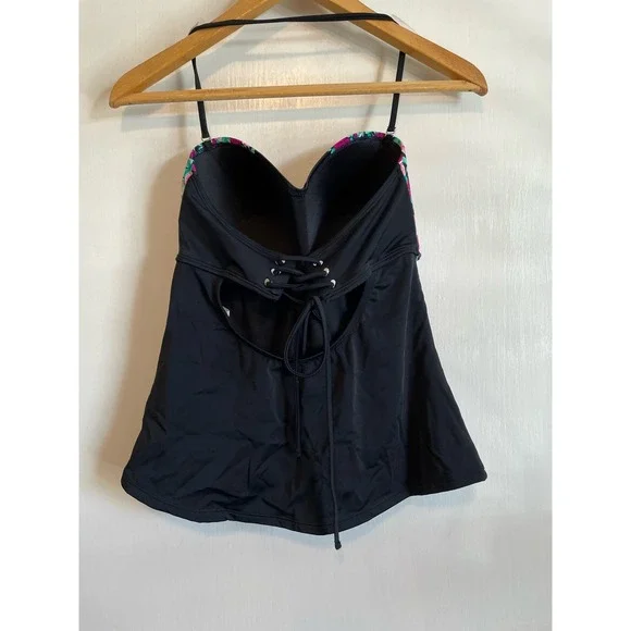 Betsey Johnson black pink floral tankini top padded wireless ruched. Size L - Picture 2 of 6